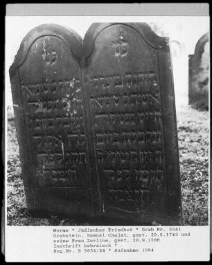 Grabstein des Samuel Chajat (gestorben 1743.08.20) und seiner Frau Zerline (gestorben 1786.09.28)