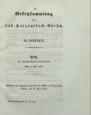 466. Gesetz, die Hundesteuer betreffend. Vom 5. April 1854.