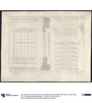 Sammlung architektonischer Entwürfe. Tafel 119 ( = Heft 20, Tafel 125, 1833): Berlin. Bauakademie. Details der Fenster und des Hauptgesimses