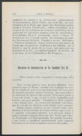 Discurso de Contestación de Su Santidad Pío XI