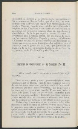 Discurso de Contestación de Su Santidad Pío XI