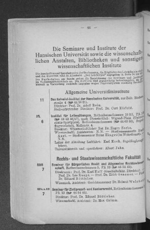 Die Seminare und Institute der Hansischen Universität sowie die wissenschaftlichen Anstalten, Bibliotheken und sonstigen wissenschaftlichen Institute