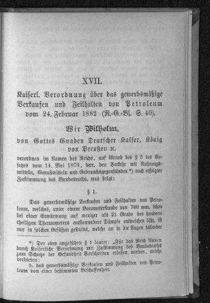 Kaiserliche Verordnung über das gewerbsmäßige Verkaufen und Feilhalten von Petroleum, vom 24. Februar 1882