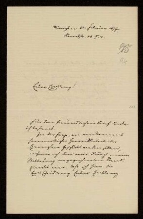 94: Brief von Karl von Unzer an Gottlieb Planck, München, 25.2.1897