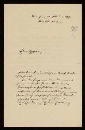 94: Brief von Karl von Unzer an Gottlieb Planck, München, 25.2.1897