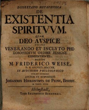 Dissertatio Metaphysica De Existentia Spirituum