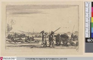 [Kriegsszene mit Kanone rechts im Vordergrund; links daneben zwei Soldaten im Gespräch]
