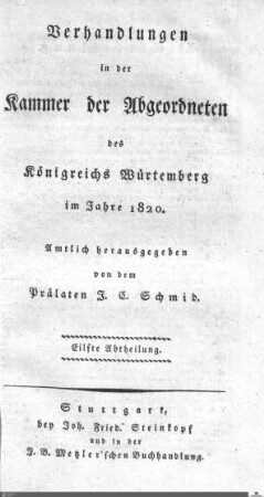 1,11: Landtag Württemberg - Kammer 2, Protokolle 1820, Bd. 11