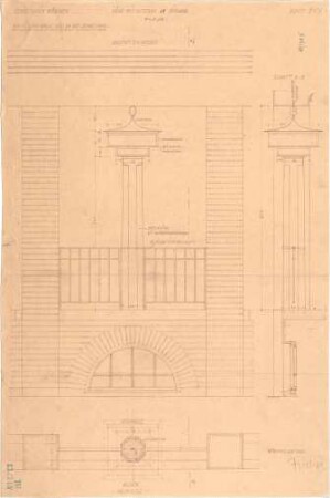 Fischer, Theodor; München - Westend, Bergmannstr.; Ledigenheim - Säule mit Laterne am Eingang (Grundriss, Ansicht, Schnitt)