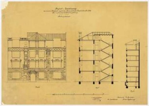 Atelier- und Wohngebäude Leonard Simion, Berlin: Ateliergebäude: Aufriss 1:100; 2 Schnitte 1:100