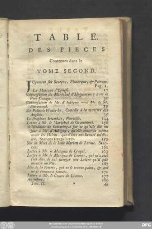 Table Des Pieces Contenues dans le Tome Second.