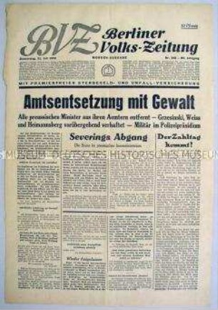 Titelblatt der "Berliner Volks-Zeitung" zum "Preußenschlag" der Reichsregierung