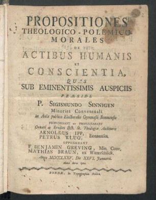 Propositiones Theologico-Polemico-Morales De Actibus Humanis Et Conscientia