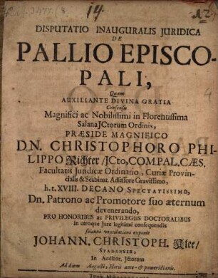 Disputatio Inauguralis Iuridica De Pallio Episcopali