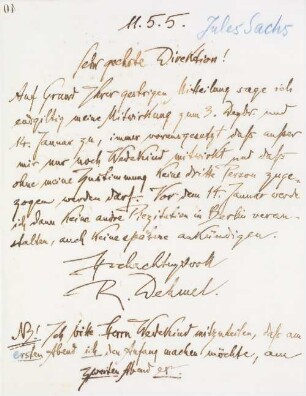 Brief an Jules Sachs Konzertdirektion