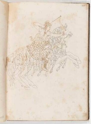 Diana mit Pfeil und Bogen auf einem springenden Pferd, in einem Band mit Antikischen Figurinen und Pferdedekorationen, Bl. 20
