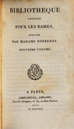 Bibliothèque choisie pour les dames. 9. 1820