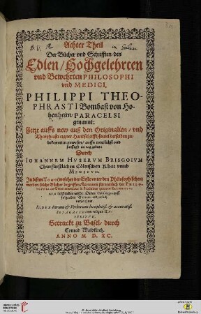 [Druck:] Paracelsus, Opera, Bd. 8, Basel: Konrad von Waldkirch, 1590