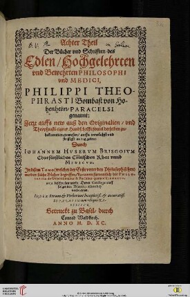 [Druck:] Paracelsus, Opera, Bd. 8, Basel: Konrad von Waldkirch, 1590