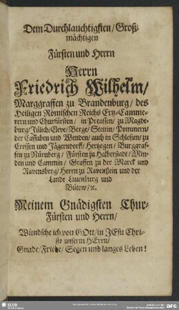 Vorrede an Seine Churfürstl. Durchl. von dem Atheismo