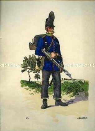 Uniformdarstellung, Schütze des Leichten Infanterie-Bataillons, Mecklenburg-Schwerin, 1847. Aus: Scharf: "Buntes Tuch".
