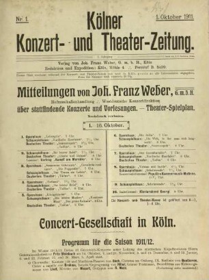 Kölner Konzert- und Theater-Zeitung / 1. Jahrgang 1911/12