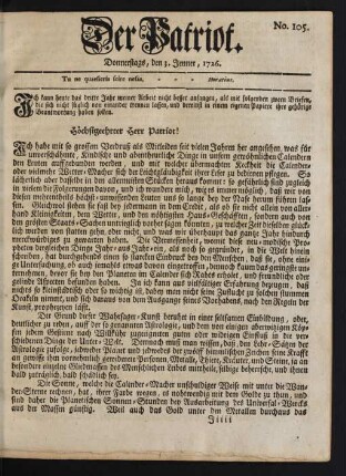 No. 105. Donnerstags, den 3. Jenner, 1726