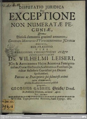 Disputatio Juridica De Exceptione Non Numeratae Pecuniae