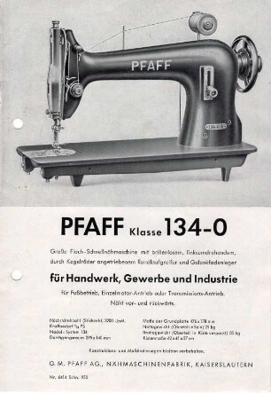 Werbeblatt für Nähmaschine Pfaff 134-0