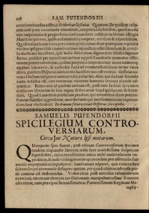 Samuelis Pufendorfii Spicilegium Controversiarum, Circa Ius Natura Ipsi motarum.