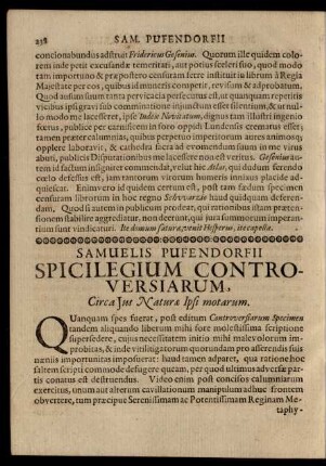 Samuelis Pufendorfii Spicilegium Controversiarum, Circa Ius Natura Ipsi motarum.