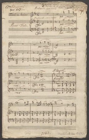 Potpourris, fl (vl), pf, op. 217, HenK 217, AWV 16 - BSB Mus.Schott.Ha 2826-2 : [heading at left:] 17|me Potpourrÿ // opus 217 // [at right:] Potpourrÿ daprès [!] des Themes favoris la Tarentelle // le Bolero, la Guarache de l'opera la Muette de // Portici di Auber arrangé par J. Küffner // den 1ten Maÿ 1829