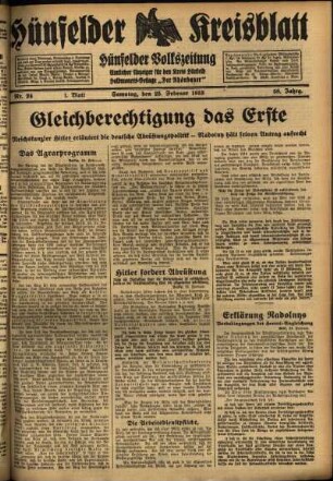 Erste Ausgabe vom Samstag, den 25. Februar 1933.