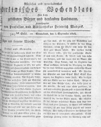 505tes Stück, Sonnabend den 5. September 1818