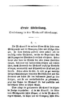 Erste Abtheilung: Einleitung in die Mechanik überhaupt