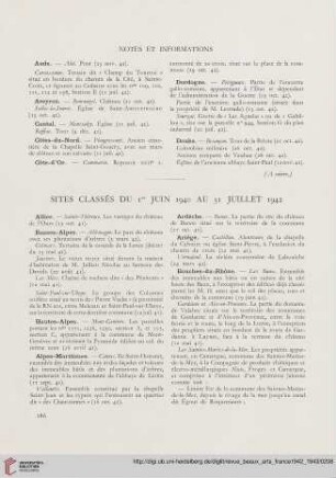 Sites classés du 1er Juin 1940 au Juillet 1942