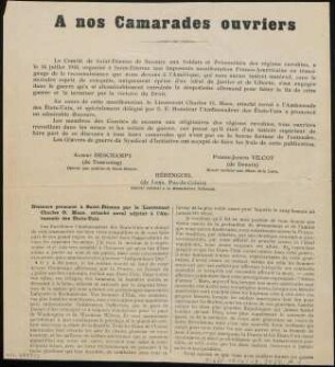 A nos Camarades ouvriers : Le Comité de Saint-Etienne de Secours aux Soldats et Prisonniers des régions envahies ...