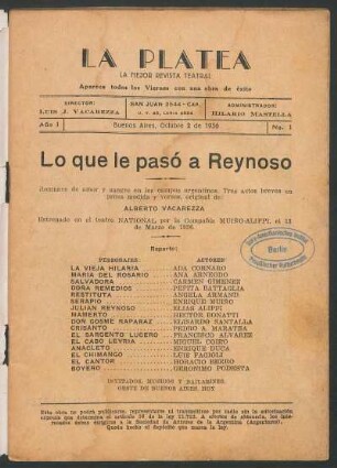 1936000100: Lo que le pasó a Reynoso : romance de la vida criolla en tres actos