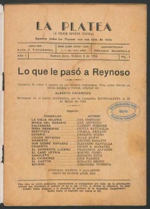 1936000100: Lo que le pasó a Reynoso : romance de la vida criolla en tres actos