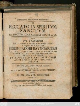 Dissertatio Philologico-Theologica De Peccato In Spiritvm Sanctvm Ad Dvctvm Loci Classici Ebr. VI, 4.5.6.