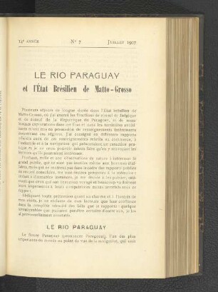 Le rio Paraguay et l´État Brésilien de Matto-Grosso