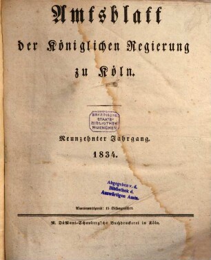 Amtsblatt für den Regierungsbezirk Köln. 1834
