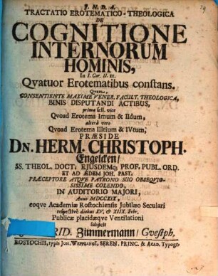 Tractatio erotemat. theol. de cognitione internorum hominis, in I. Cor. II, II. : quatuor erotematibus constans