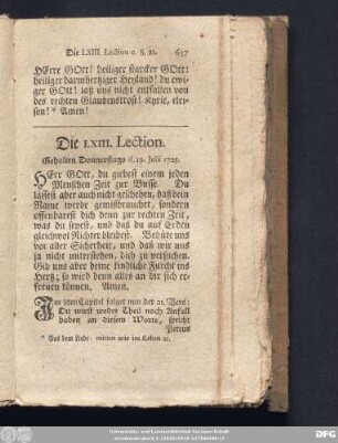 Die LXIII. Lection. Gehalten Donnerstags d. 19. Julii 1725.