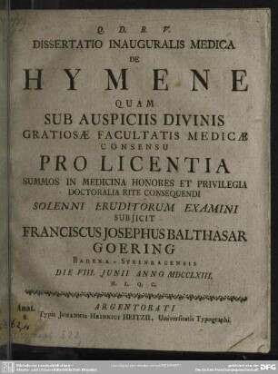 Dissertatio Inauguralis Medica De Hymene