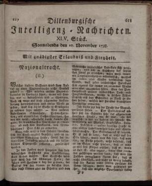 XLV. Stück. Sonnabends den 10. November 1798.