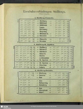 Eisenbahnverbindungen Stollbergs. (Winterfahrplan)
