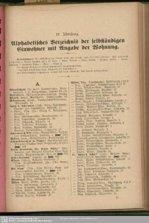 IV. Abteilung. Einwohnerverzeichnis : IV. Abteilung. Alphabetisches Verzeichnis der selbständigen Einwohner mit Angabe der Wohnung