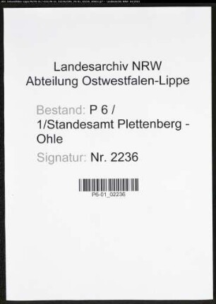 Heiratsregister Standesamt Plettenberg-Ohle