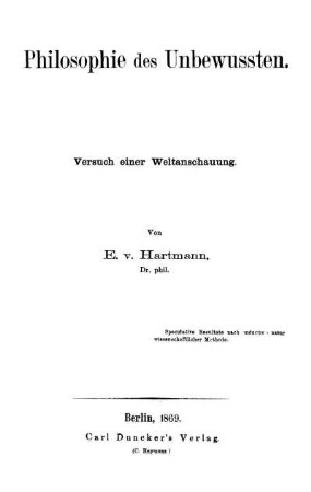 Philosophie des Unbewussten : Versuch einer Weltanschauung